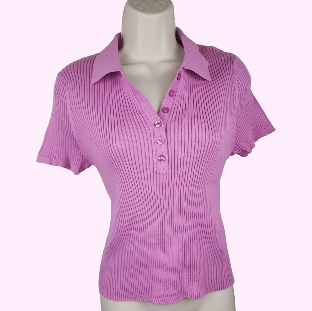 New Y2K Calvin Klein Hot Pink Cotton Cropped Ribbed Polo Top Large - Picture 2 of 9